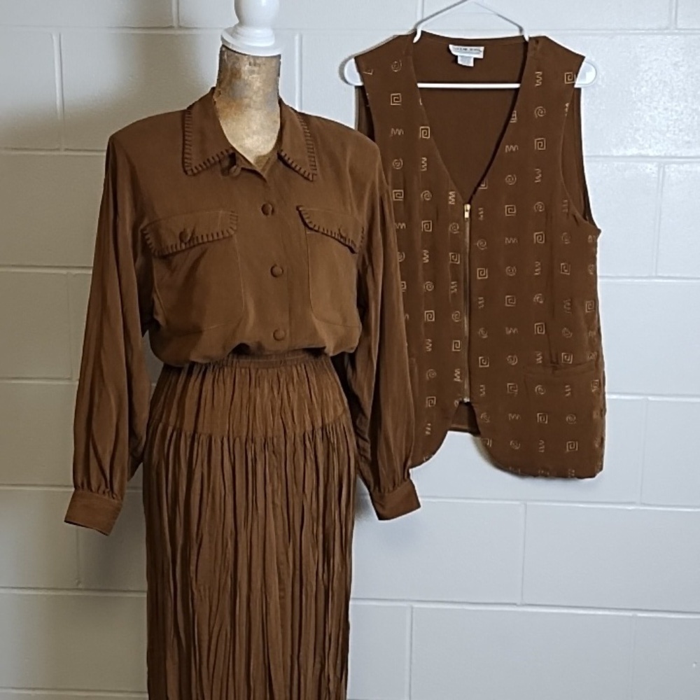 Soft Sueded Fabric Whipstitch Blouse Embroidered Vest Broomstick Skirt 3 Piece